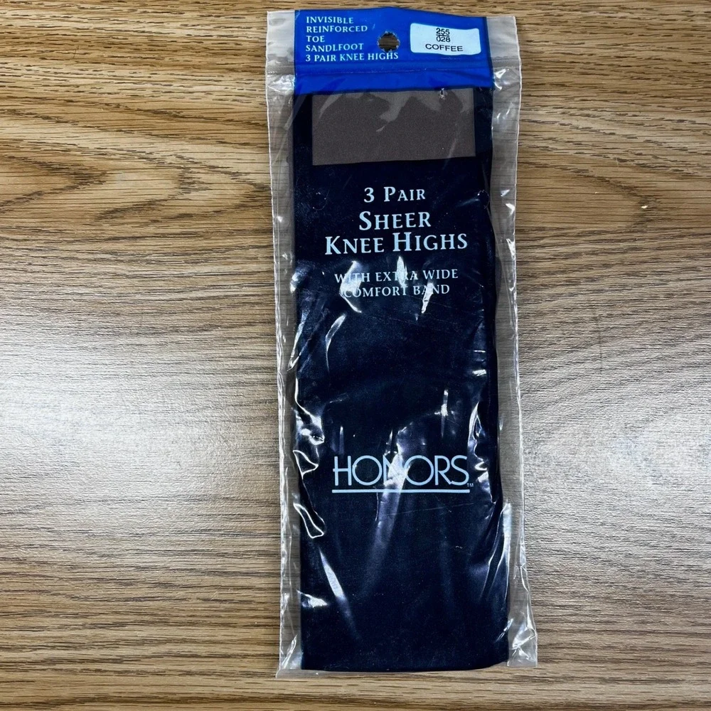Honors Women Knee Highs 3 Pair Coffee Brown Nylon Sheer Wide Band Vintage 90s OS